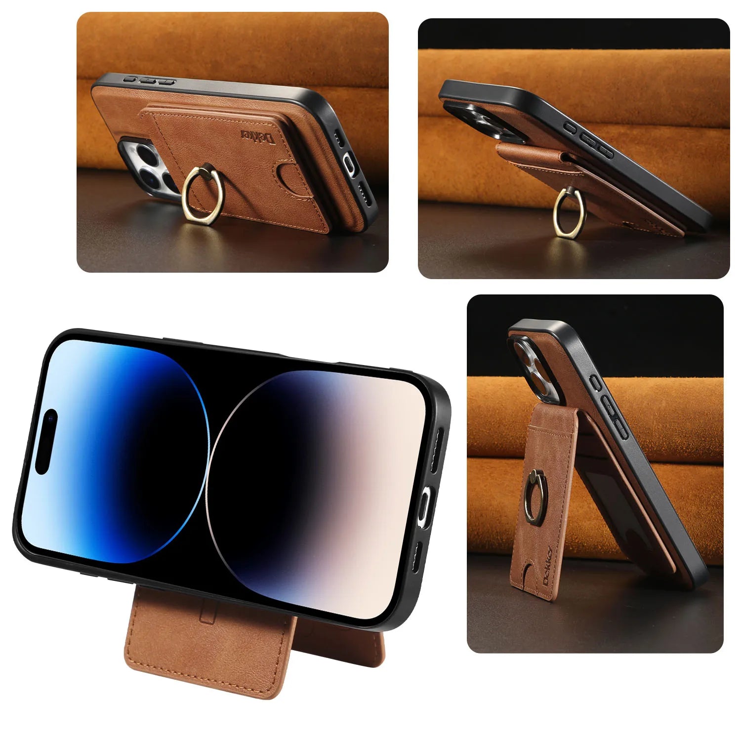 2 in 1 Detachable Vertical Cards Solt Ring Holder Wallet Leather Case For iPhone 16 Pro Max 15 Plus 14 13 12 Magnetic Bag Cover - Sun Studio