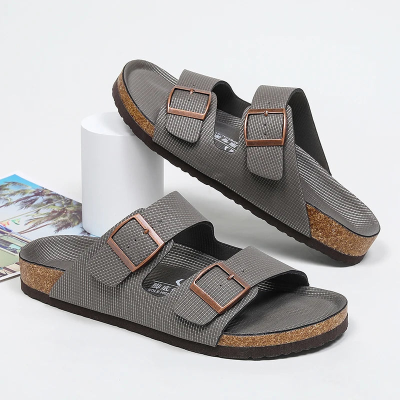 Summer Men Cork Slippers Slides Clogs Casual Slip On Sandals Double Buckle Women Microfiber Leather Unisex Big Size 47 48 49 - Sun Studio