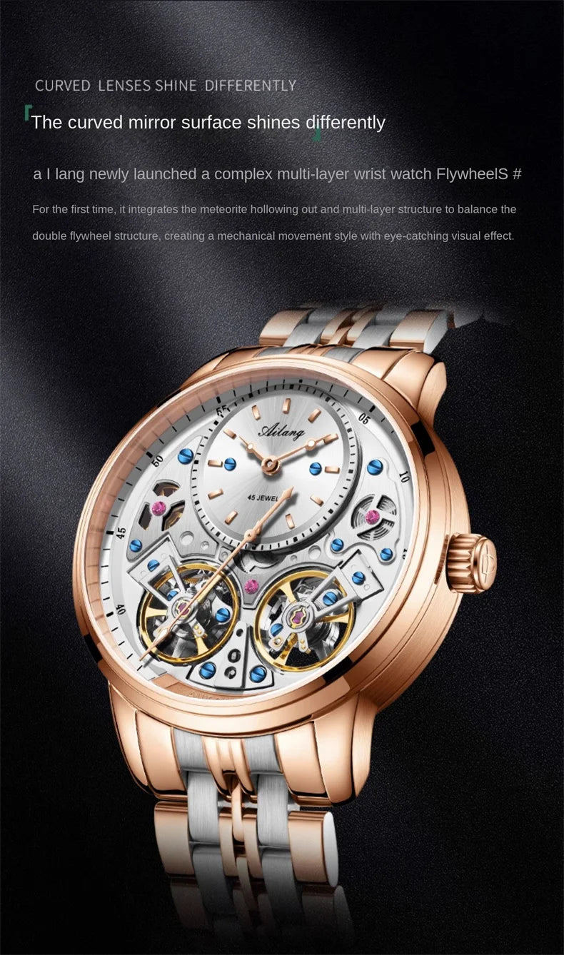 AILANG Brand New Luxury Double Tourbillon Watch for Men Stainless Steel Strap Waterproof Fashion Mechanical Watches Mens - Sun Studio