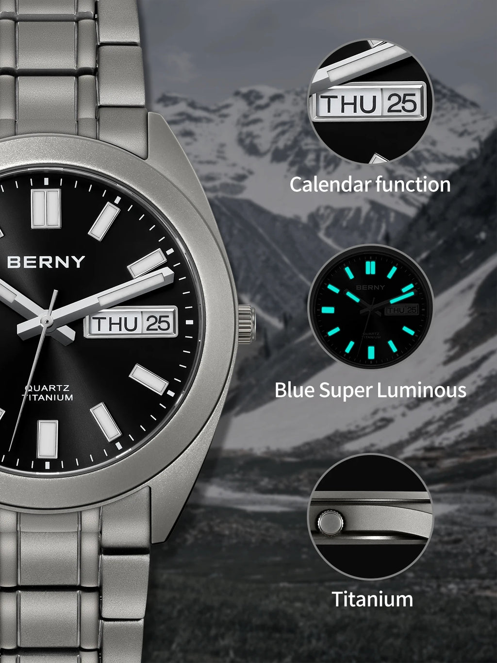 BERNY Titanium Watch for Men Supper Light Weight Wristwatch Super Luminous Sapphire 10ATM Waterproof Sport Field Quartz Watches - Sun Studio