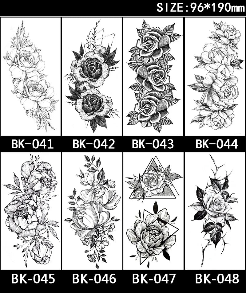 Black White Temporary Transfer Tattoos Floral Butterfly Lettering Line Art Waterproof Body Stickers for Music Festival Party - Sun Studio