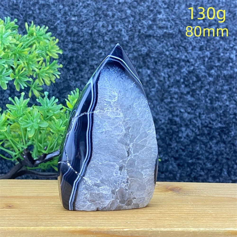 Natural Gemstone Black Onyx Stripes Free Form Torch Reiki Healing Shape Meditation Home Decor Feng Shui Warning Evil - Sun Studio