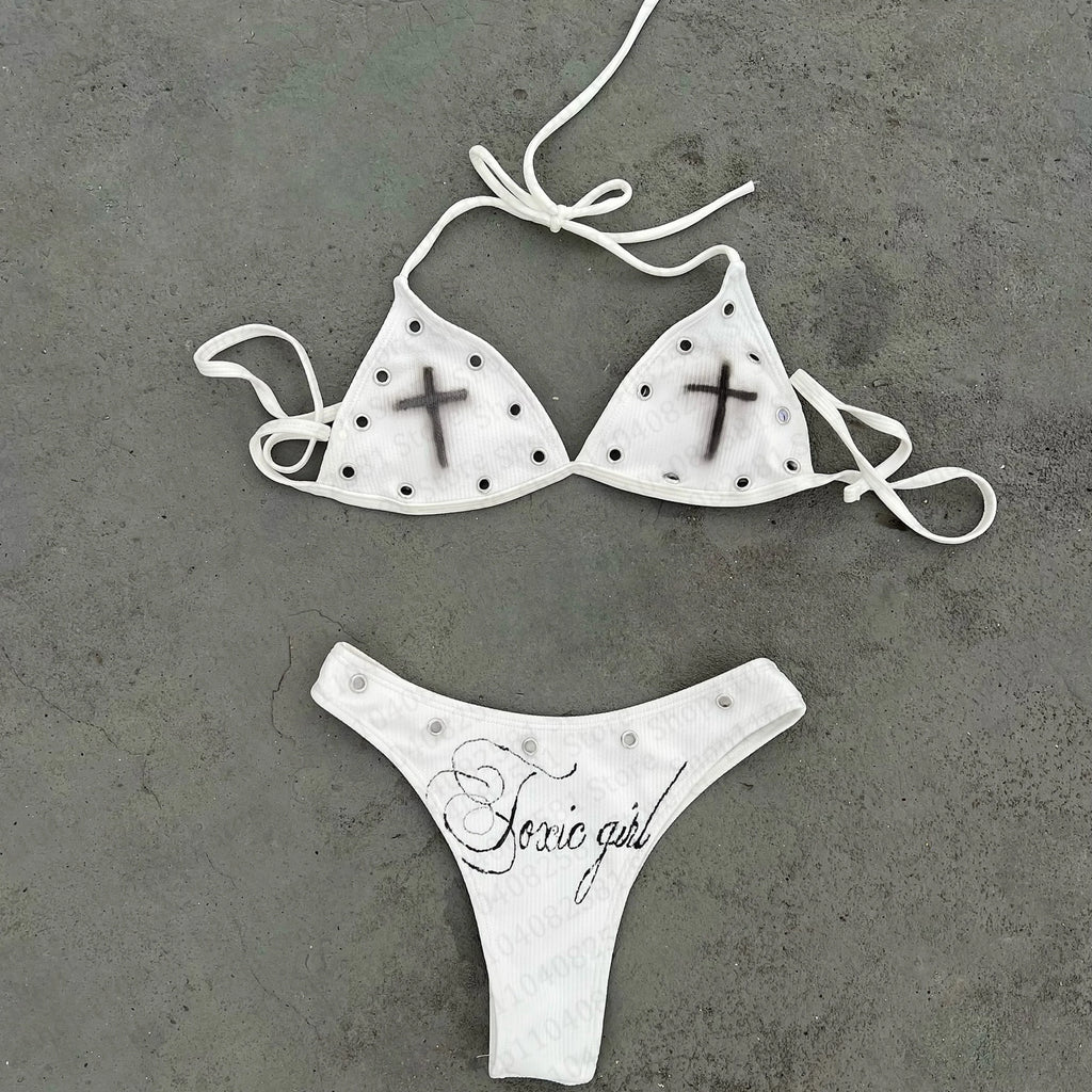 Fashionable letter printed sexy bikini set women's swimsuit patch swimsuit hot pants set summer casual niche fashion Y2k style - Sun Studio