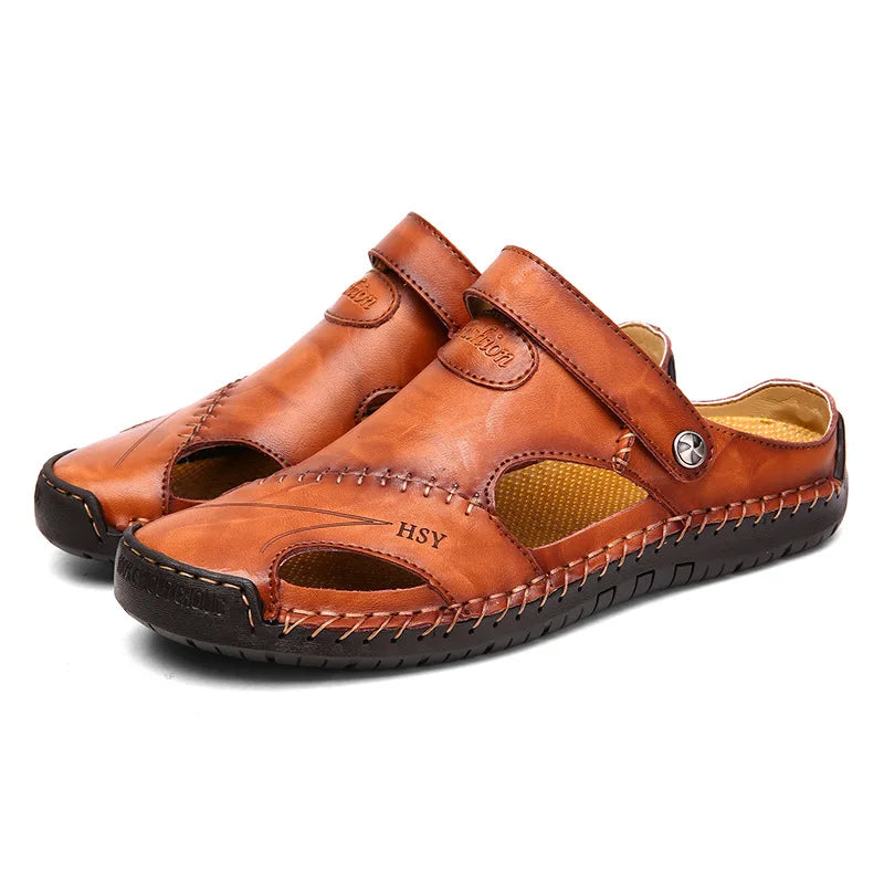 Large Size Men's Sandals Casual Leather Beach Shoes Breathable Slip-On Durable Stitched Construction Comfortable Walking Sandals - Sun Studio