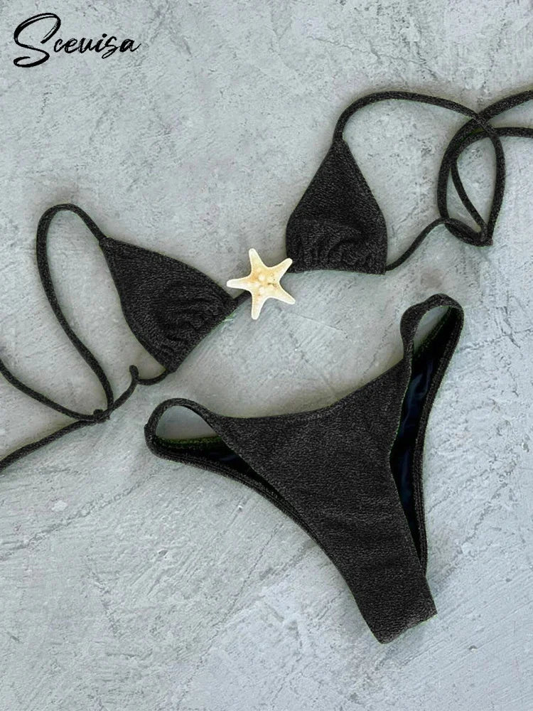 2024 New Sexy Low Waisted Bikini Set Swimsuit Starfish Swimwear Women Solid Strappy Beachwear Bathing Suits Brazilian biquini - Sun Studio