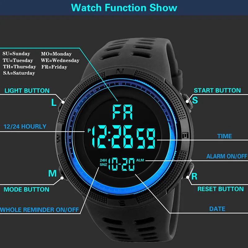 YIKAZE Men's Digital Electronic Watch Sports Glow 50mm Large Dial Student Outdoor Adventure Trend Multifunctional Watches Clock - Sun Studio