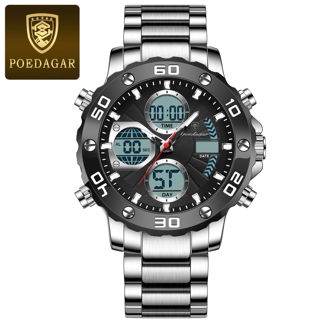 POEDAGAR Military Men's Quartz Wristwatch LED Alarm Dual Display Men Watch Electronic Waterproof Outdoor Sports Watches for Men - Sun Studio