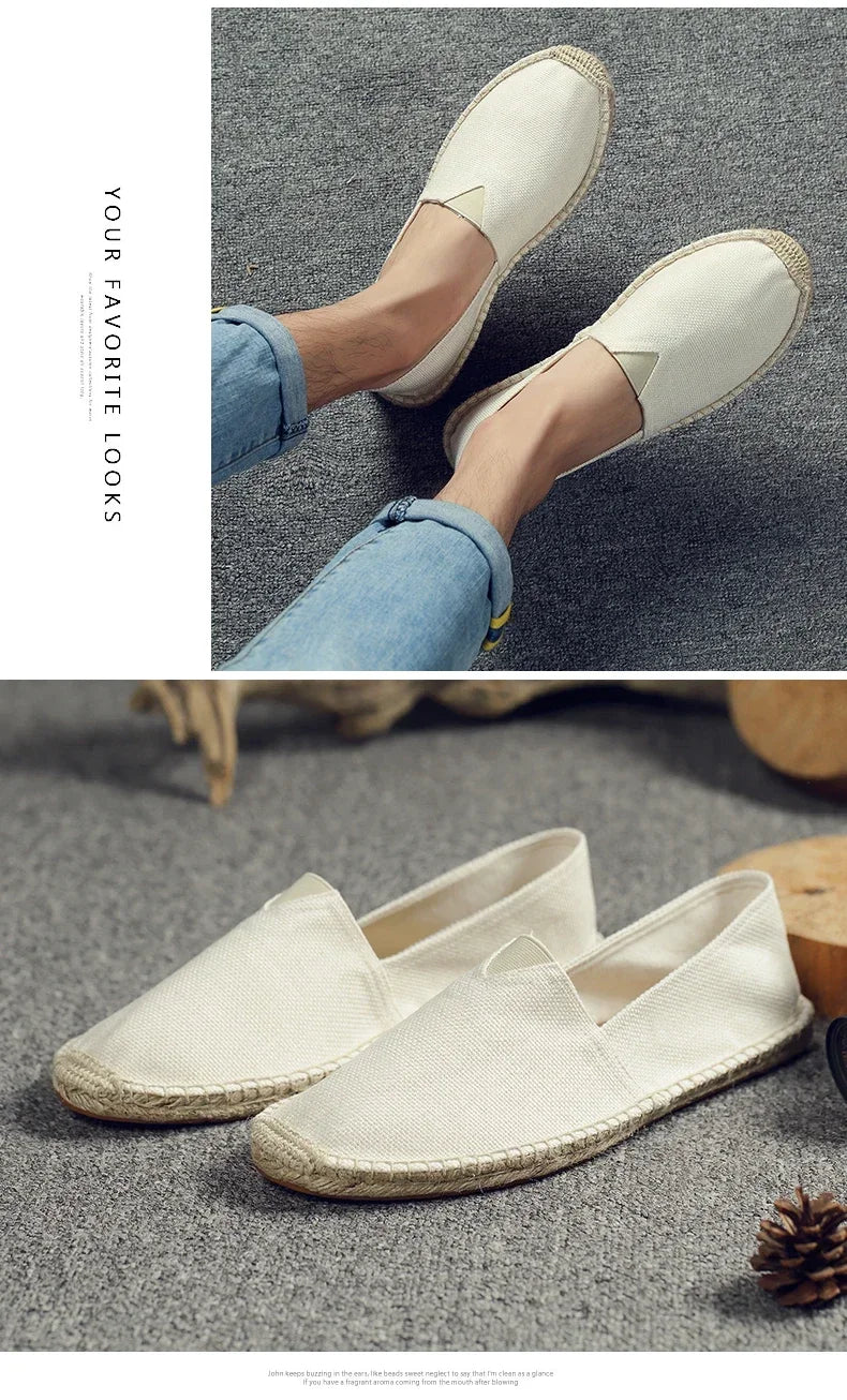Women Sewing Flax Shoes Slip on Loafers Casual Shoes Man Espadrilles Hemp Canvas Flat Shoes Plus Size Fisherman Driving Footwear - Sun Studio