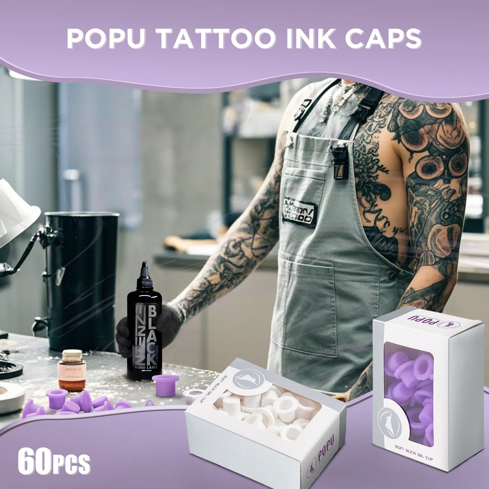 POPU Ink Cups 60 pcs Medium-12mm Disposable Soft White/Purple Colors for Permanent Makup & Tattoo Used - Sun Studio