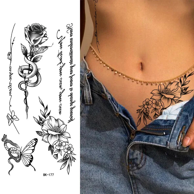 Schwarz Weiß Temporäre Transfer Tattoos Florale Schmetterlinge Schriftzüge Linienkunst Wasserfeste Körperaufkleber für Musikfestival Party