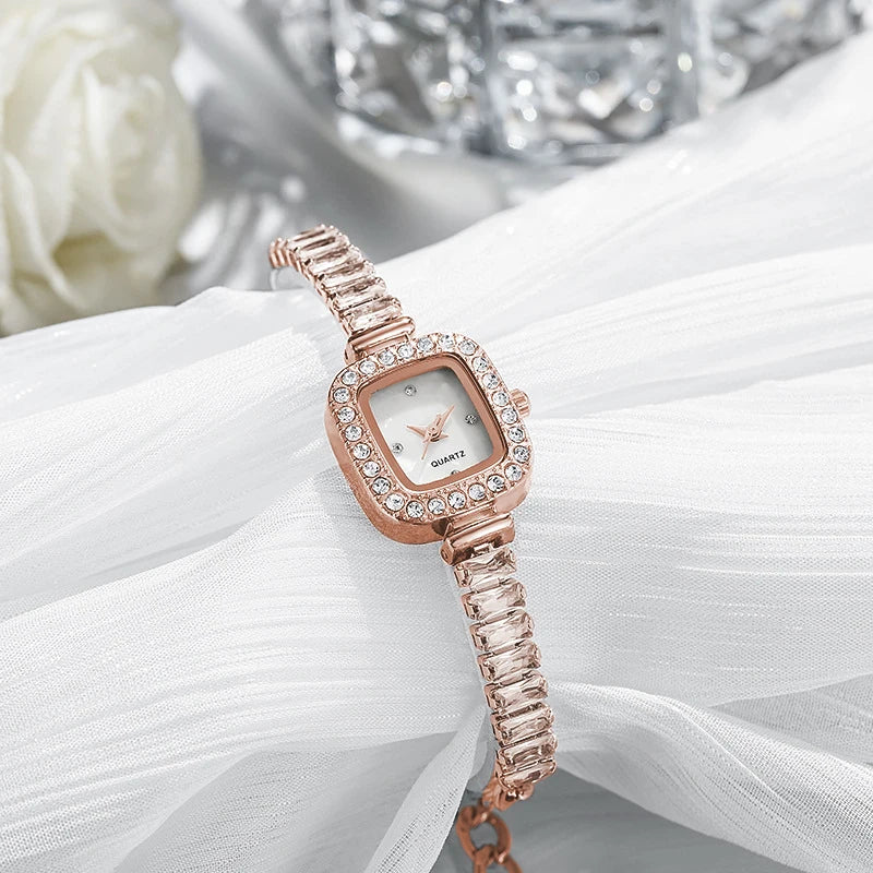 6 pieces/set of fashionable crystal watches for women with small square dials, quartz watches for women, jewelry set for women - Sun Studio