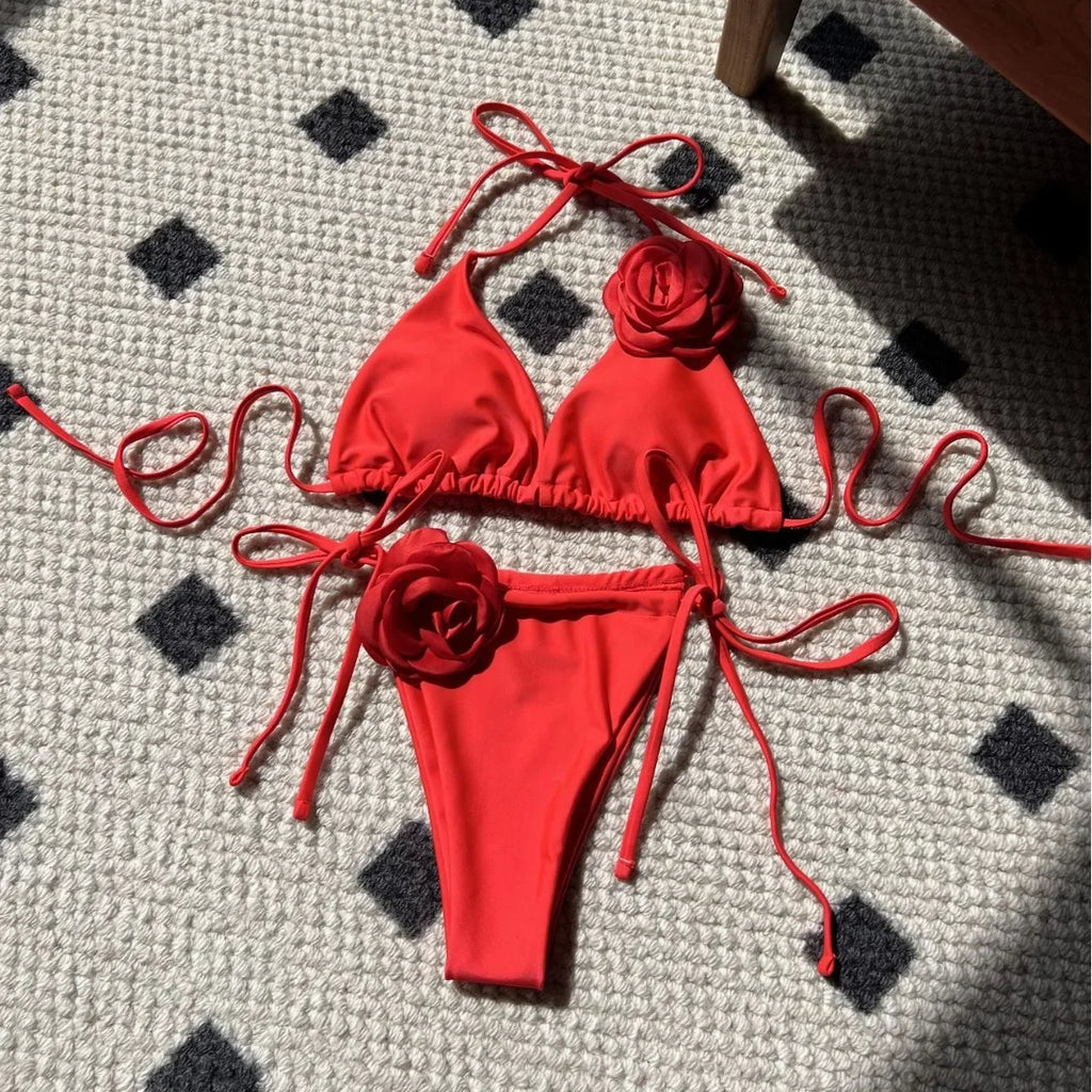 Sexy 3D Flower Black Triangle Bikinis Sets Micro Thong Swimsuit Women String Halter Bathing Suit Bikini 2025 Mujer Biquinis Swim - Sun Studio