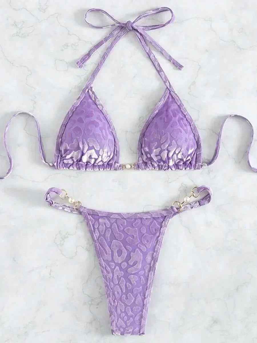 Sexy Leopard Velvet Bikini Mini Micro Thong Bikinis Women Swimwear Female Swimsuit Two-piece Bikini Set Halter Bathing Suit Swim - Sun Studio