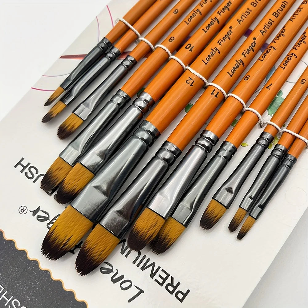 12pcs Premium Angular Paint Brushes - High-Quality Nylon Hair Angled Watercolor Brushes for Acrylics, Watercolors, Gouache - Sun Studio