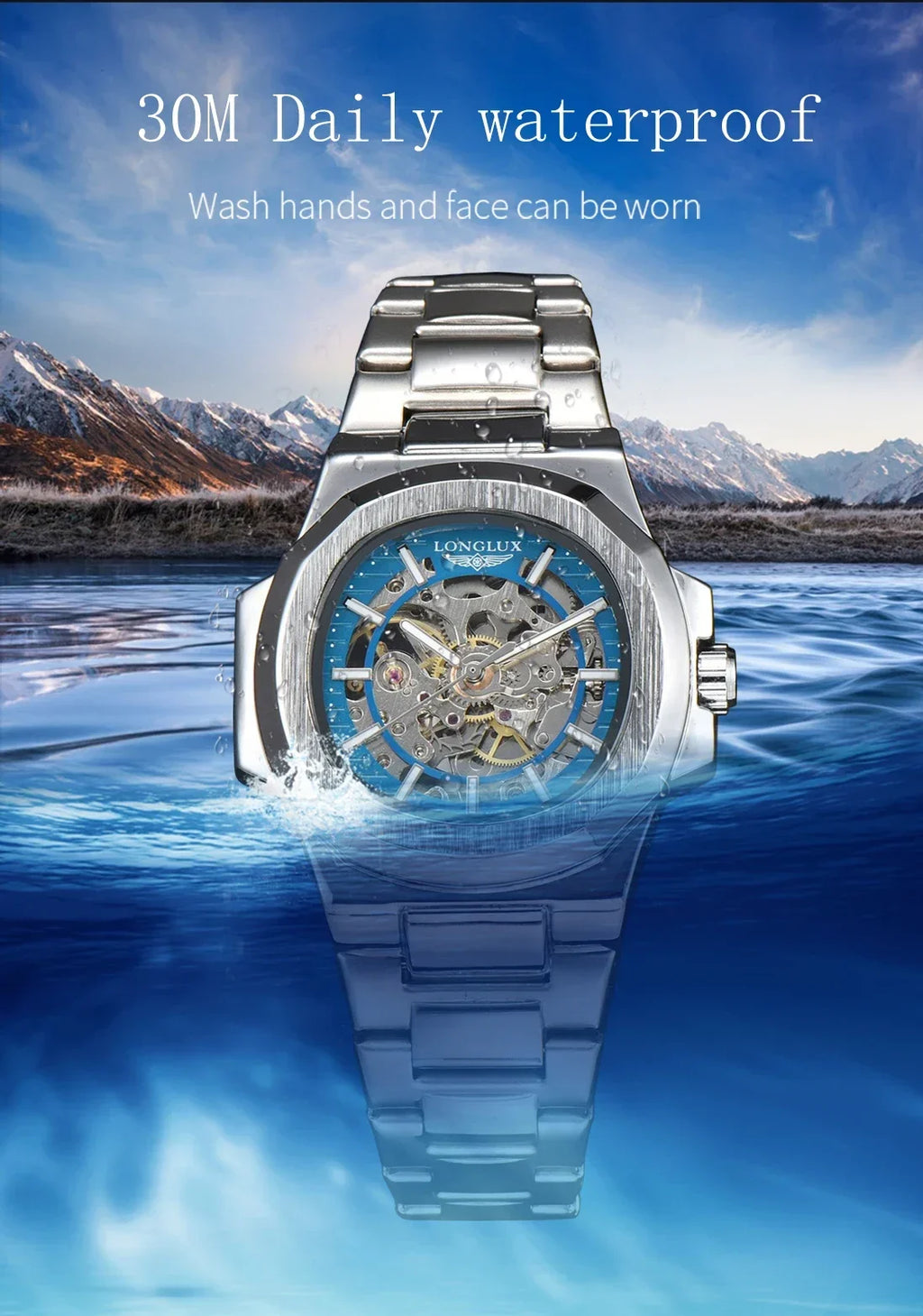 LONGLUX Men automatic mechanical watch luxury watches waterproof skeleton business cheap wholesale stainless steel gift watch - Sun Studio