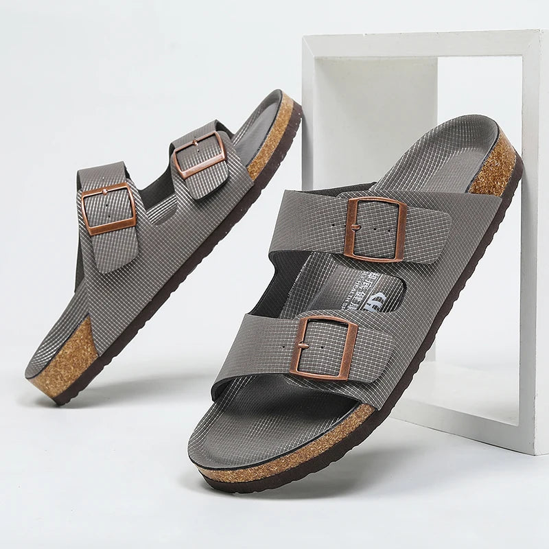 Summer Men Cork Slippers Slides Clogs Casual Slip On Sandals Double Buckle Women Microfiber Leather Unisex Big Size 47 48 49 - Sun Studio