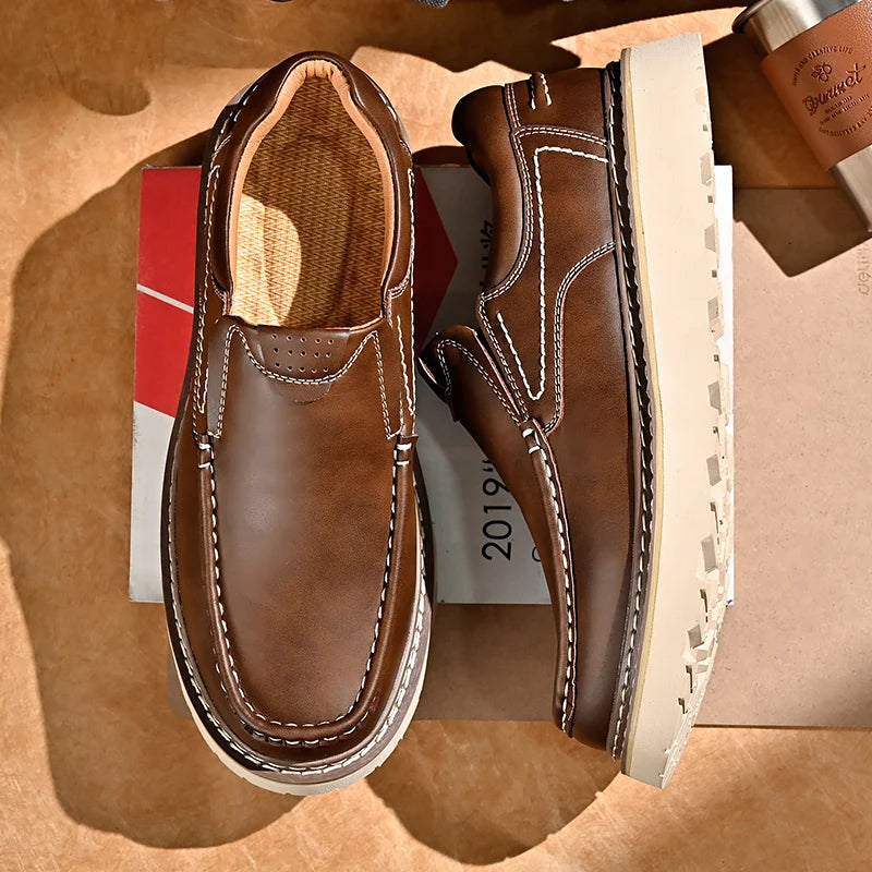 Trendy New Style Men's Genuine Leather Shoes Thick Soled Tooling Shoes Men's Oxford Shoes Lace Up Business Shoes Outdoor Loafers - Sun Studio