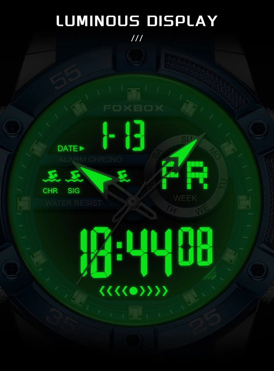 FOXBOX LED Dual Display Quartz Watch Soft Silicone Waterproof Luminous Digital Date Mens Watches Fashion Chronograph Man Watch - Sun Studio