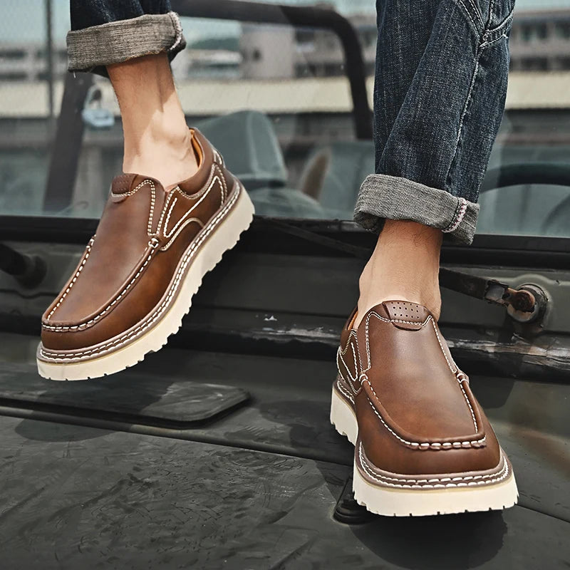 Trendy New Style Men's Genuine Leather Shoes Thick Soled Tooling Shoes Men's Oxford Shoes Lace Up Business Shoes Outdoor Loafers - Sun Studio