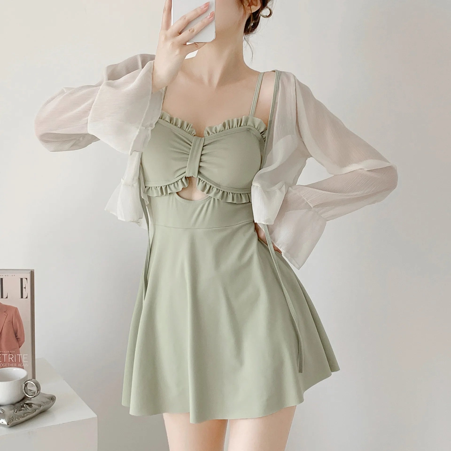 2025 New Swimsuit for Women Conservative Belly Covering and Slimming Hot Spring Super Fairy Cover Long Sleeves - Sun Studio