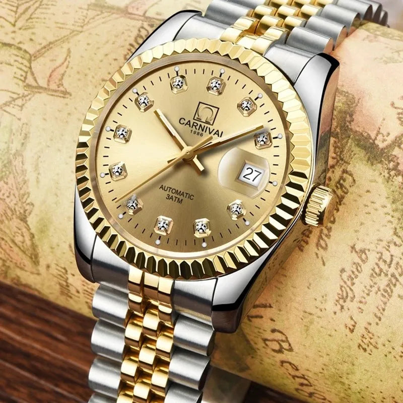 Switzerland CARNIVAL Luxury Brand Automatic Mechanical Women's Watches Sapphire 18K Gold Diamond Waterproof Luminous Clock C8205 - Sun Studio