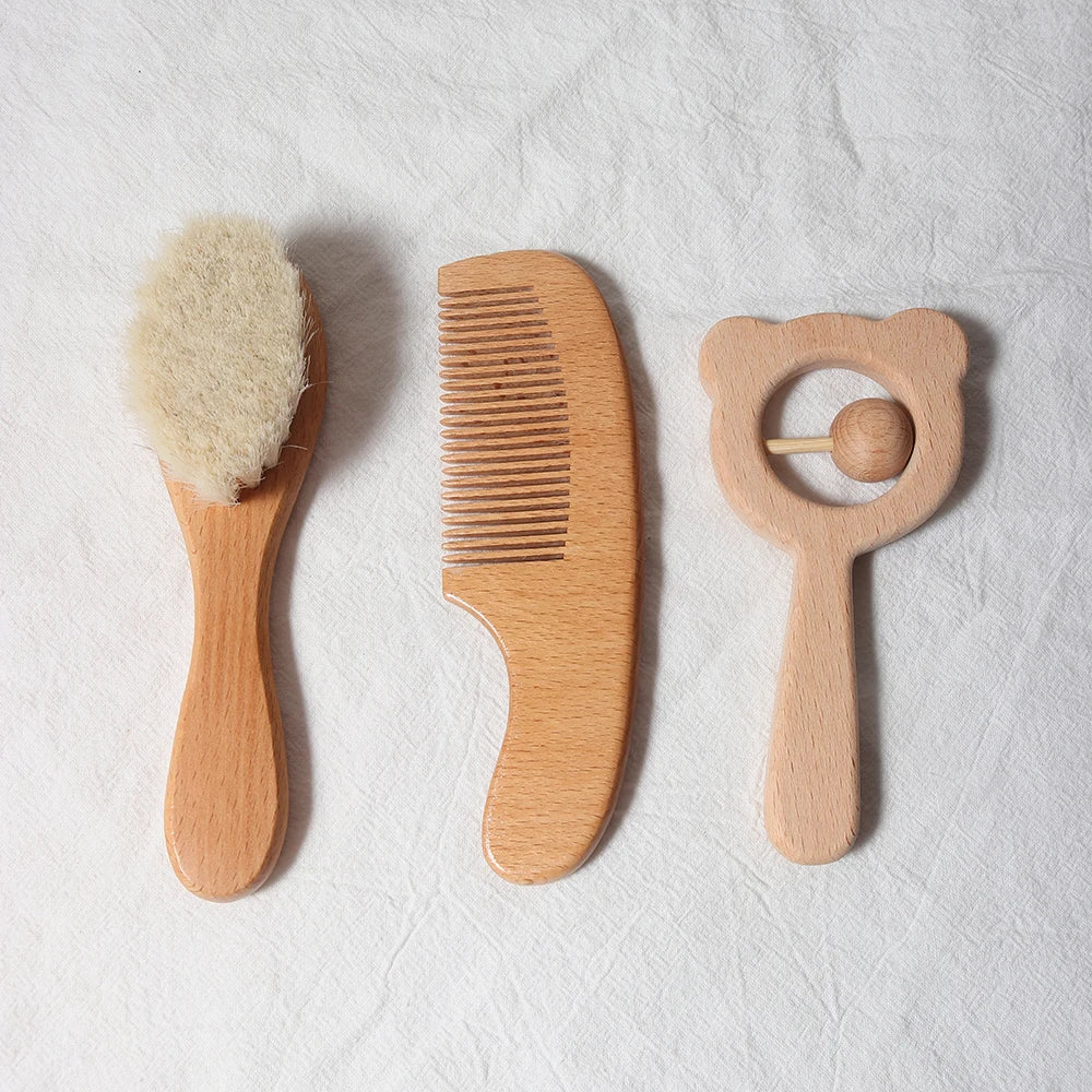 baby comb brush set newborn gift set Natural Wool beech Wooden Comb baby bib pacifier clip  Kids  Baby Hair Brush - Sun Studio