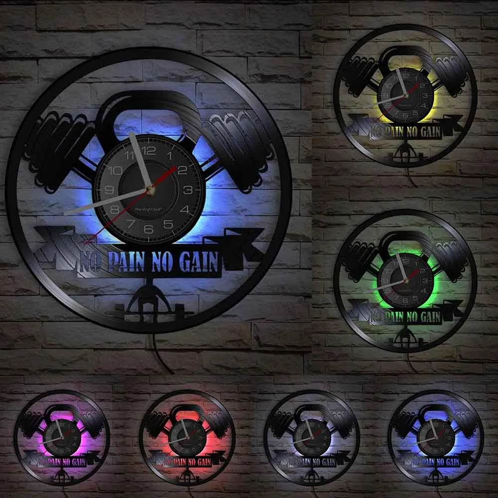 Fitness Equipment Thema Vinyl Schallplatte Fitness Wanduhr Heimdekoration LED Hintergrundbeleuchtung Moderne Fitness Uhr
