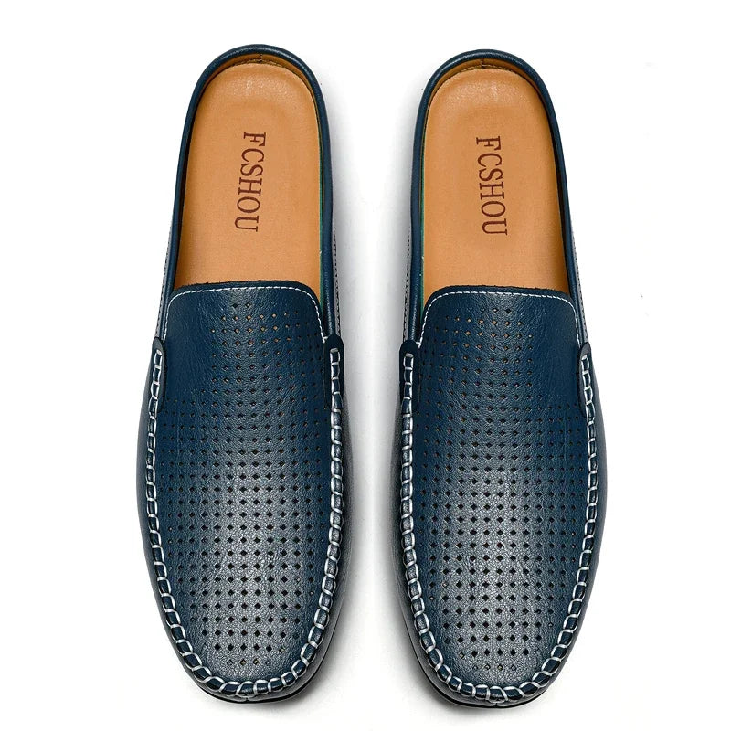 Half Shoes for Men Summer Mens Mules Perforated Leather Slippers Casual Slip-ons Loafers Flats Black Brown - Sun Studio