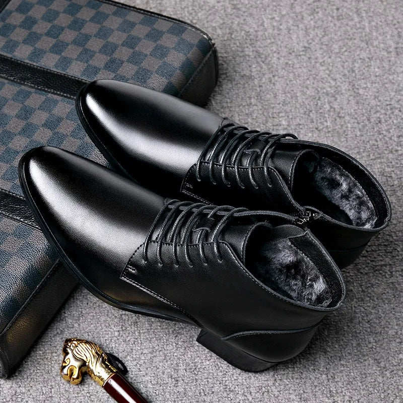 Men's Boots Fashion High-top Casual Boot Pointed Tip Business Leather Boots for Men Plush Warm Winter Boots Lace Up Ankle Botas - Sun Studio