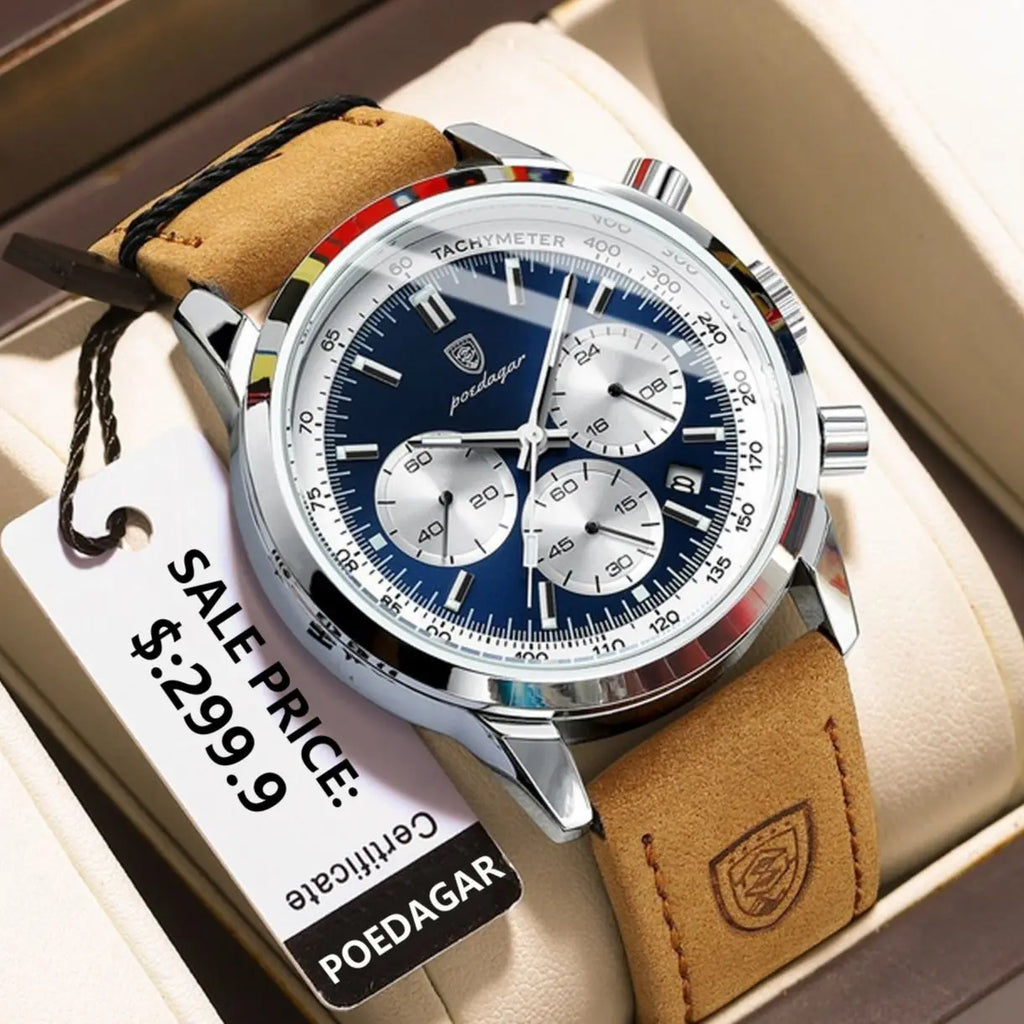 POEDAGAR Top Brand Men's Quartz Watch Waterproof Luminous Chronograph Military Man Watch Luxury Fashion Leather Watches For Men - Sun Studio