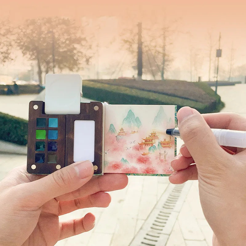 Portable Watercolor Set Walnut Paint Box With Palette 8/15 Colors Travel Mini Watercolor Paint Art School Supplies - Sun Studio