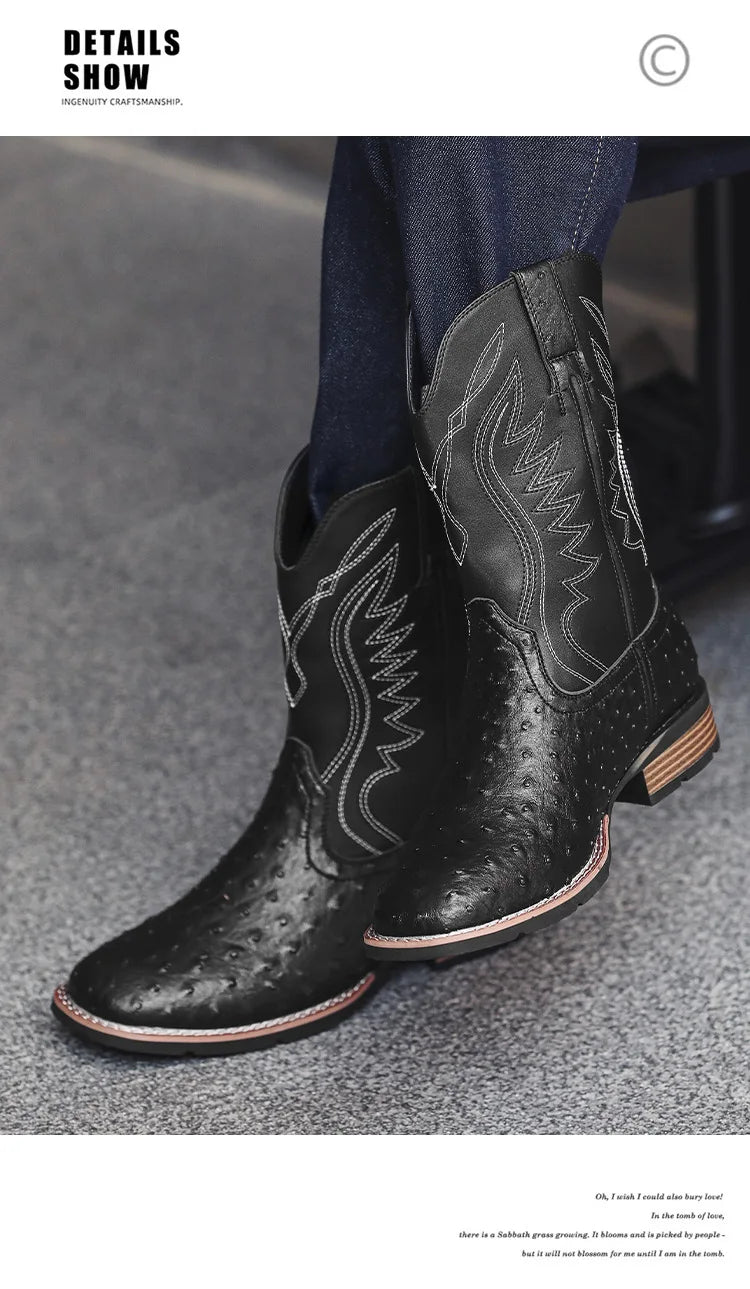 Men's Classic Retro Western Cowboy Boots Embossed Leather Mens Fashion Embroidery Mid-Calf Boot High top Casual Shoes for Men - Sun Studio