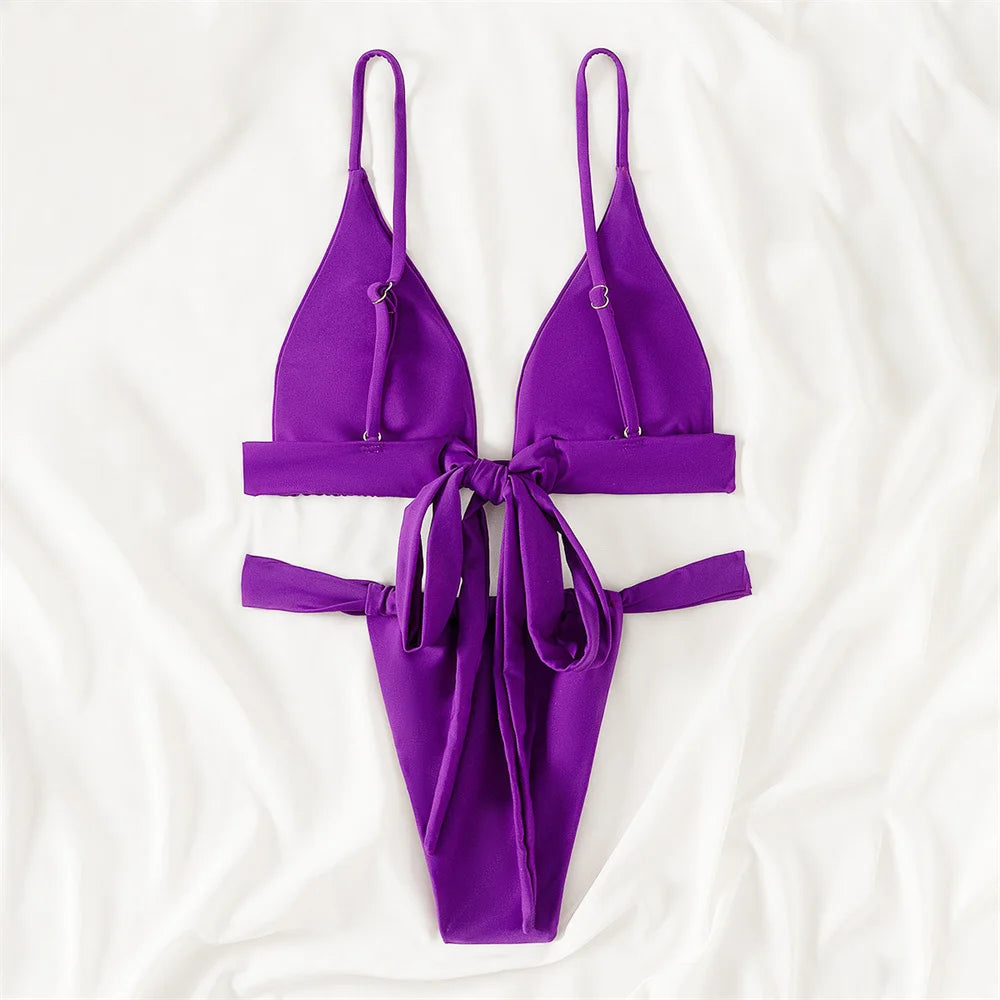 Purple Bikini Triangle Sling Extrem Push Up Swimsuit Backless Bandage Swimwear Women Holiday Beach Outfit Bathing Suit Sexys Set - Sun Studio