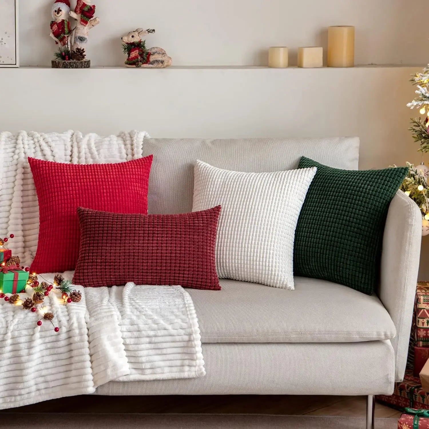 Christmas Red Throw Pillow Covers Decorative Christmas Pillow Covers Soft Corduroy Lumbar Pillow Covers, Cushion Case Home Decor - Sun Studio