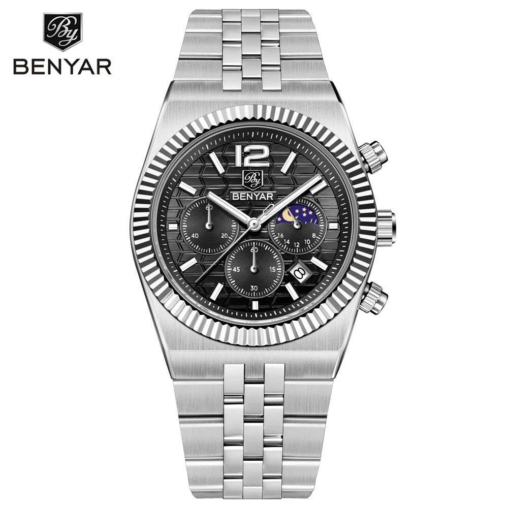 2025 New BENYAR Moon Phase Mens Watches Top Luxury Quartz Chronograph Watch For Men Stainless Steel Waterproof Sports Clock Gift - Sun Studio