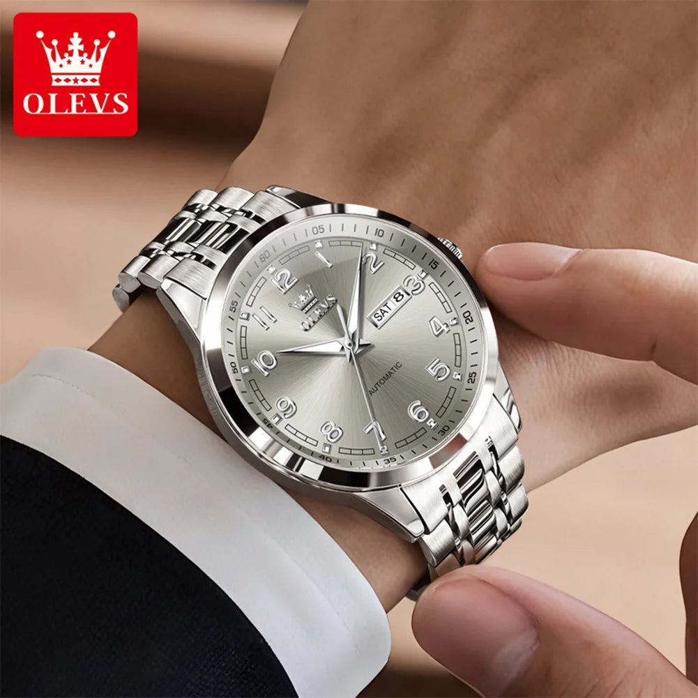 OLEVS Men Watches 7077 Luxury Fashion Top Brand Original Automatic Mechanical Watch for Man Double Scale Simple Trend Waterproof - Sun Studio