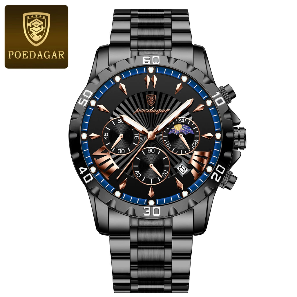 POEDAGAR Luxury Watch for Man Luminous Waterproof Chronograph Date Men Watch High Quality Stainless Steel Quartz Men's Watches - Sun Studio