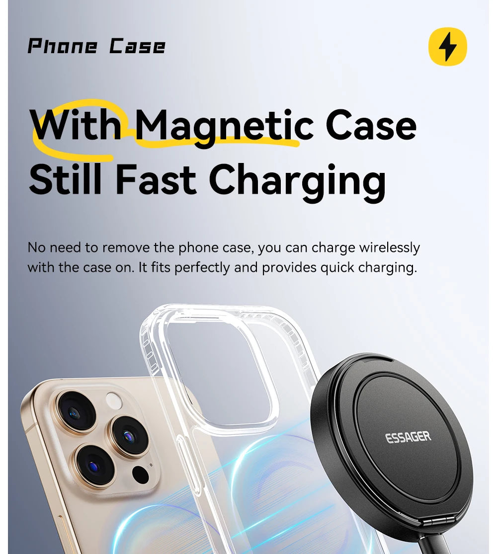 Essager Magnetic Wireless Charger With Holder 15W Fast Charging For iPhone17 16 15 14Pro Max Airpods Mini Wireless Phone Charger - Sun Studio