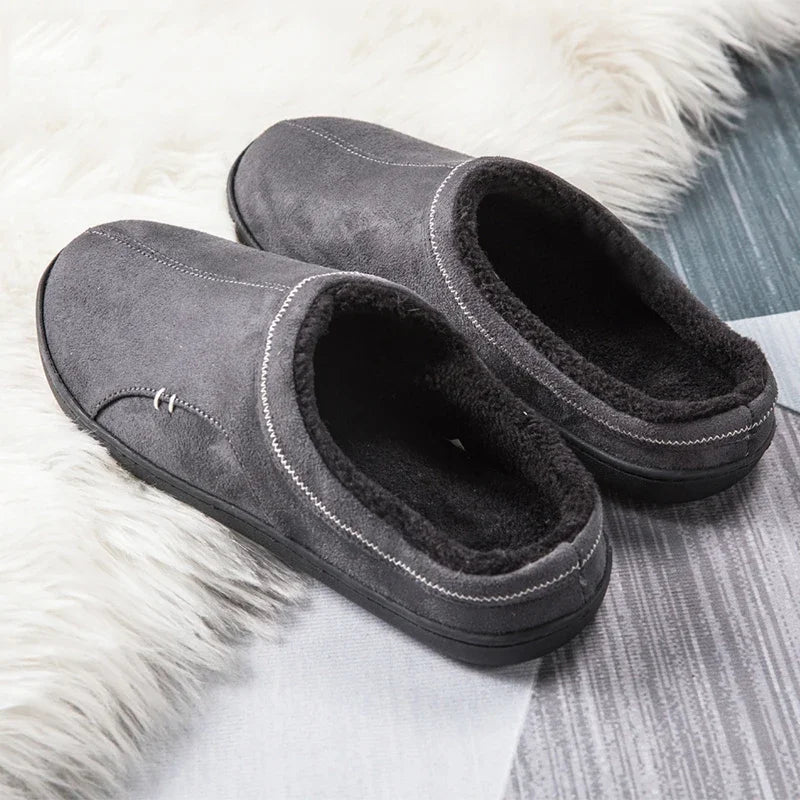 Men Slippers Black New Winter Suede Slippers Warm Indoor Slipper Waterproof Home House Shoes Men Warm Velvet Fur Knitting Shoes - Sun Studio