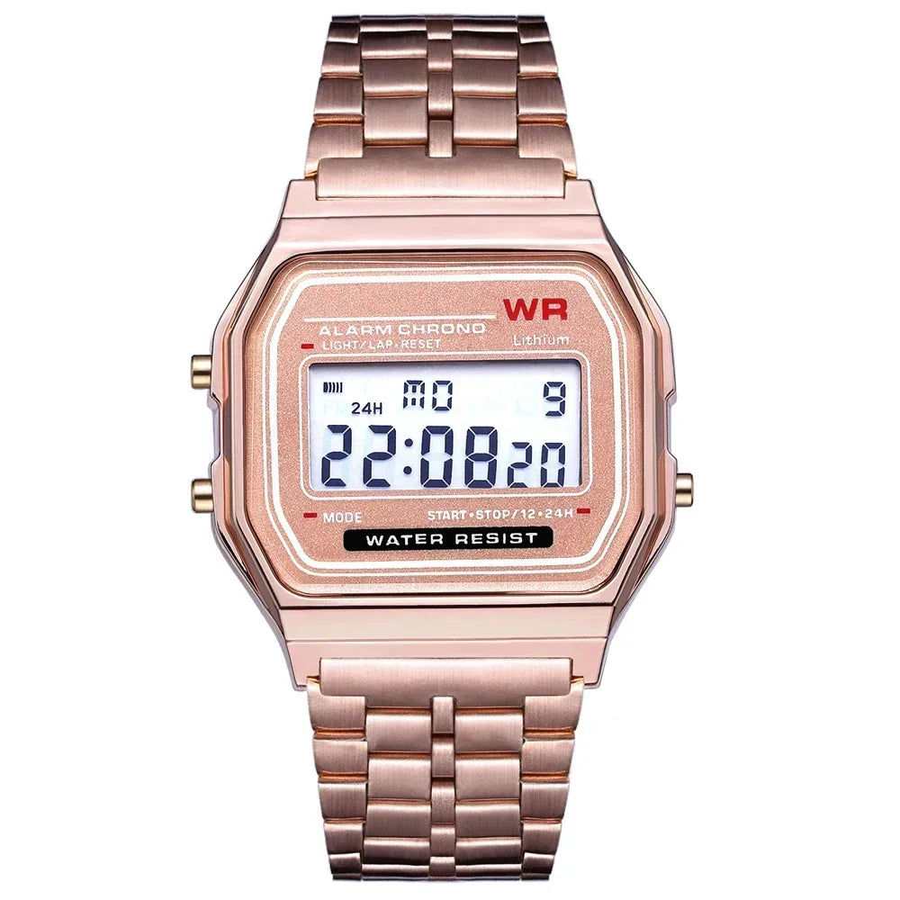 Women Casual LED Electronic Watch Man Retro Stainless Steel Watches for Women Unisex LED Digital Watch Multifunction Wristwatch - Sun Studio