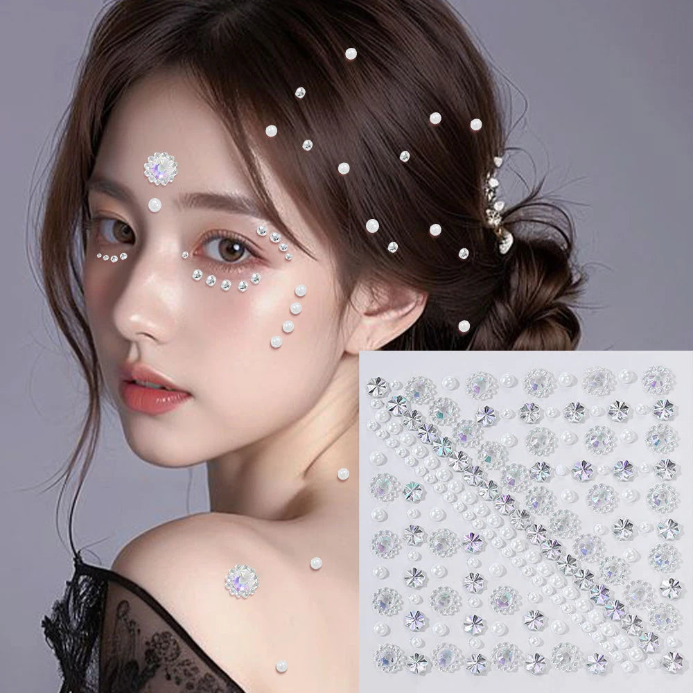 1Sheet 5D Mixed Shell Aurora Rhinestone Girl Face Stickers Hollow Star/Moon/Heart Self-Adhesive Cute Girl Make Up Diamond Decal - Sun Studio