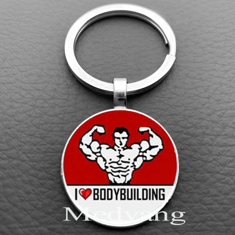 Weightlifting Fitness Pattern Keychain Loves Fitness Men and Women Exclusive Glass Round Keychain Gift for Fitness Club - Sun Studio