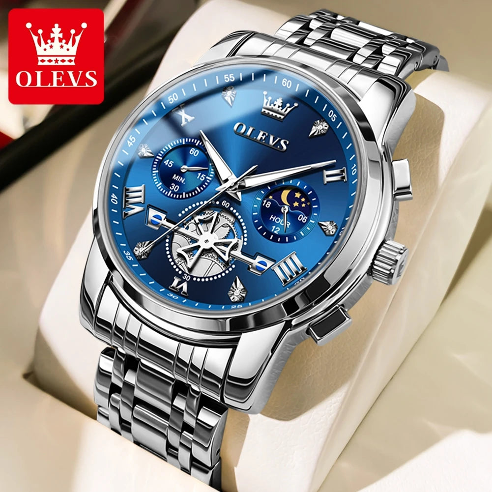 OLEVS Men's Watches Classic Multifunctional Flywheel Design Stainless steel Waterproof Moon Phase Men's Wristwatches 2024 Trend - Sun Studio