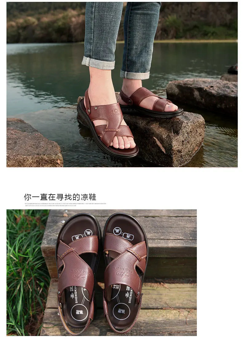 Big Size 49 50 Men's Sandals Summer Leather Shoes Man Slippers Non-slip Bottom Casual Business Beach Shoes for Men 2025 Summer - Sun Studio