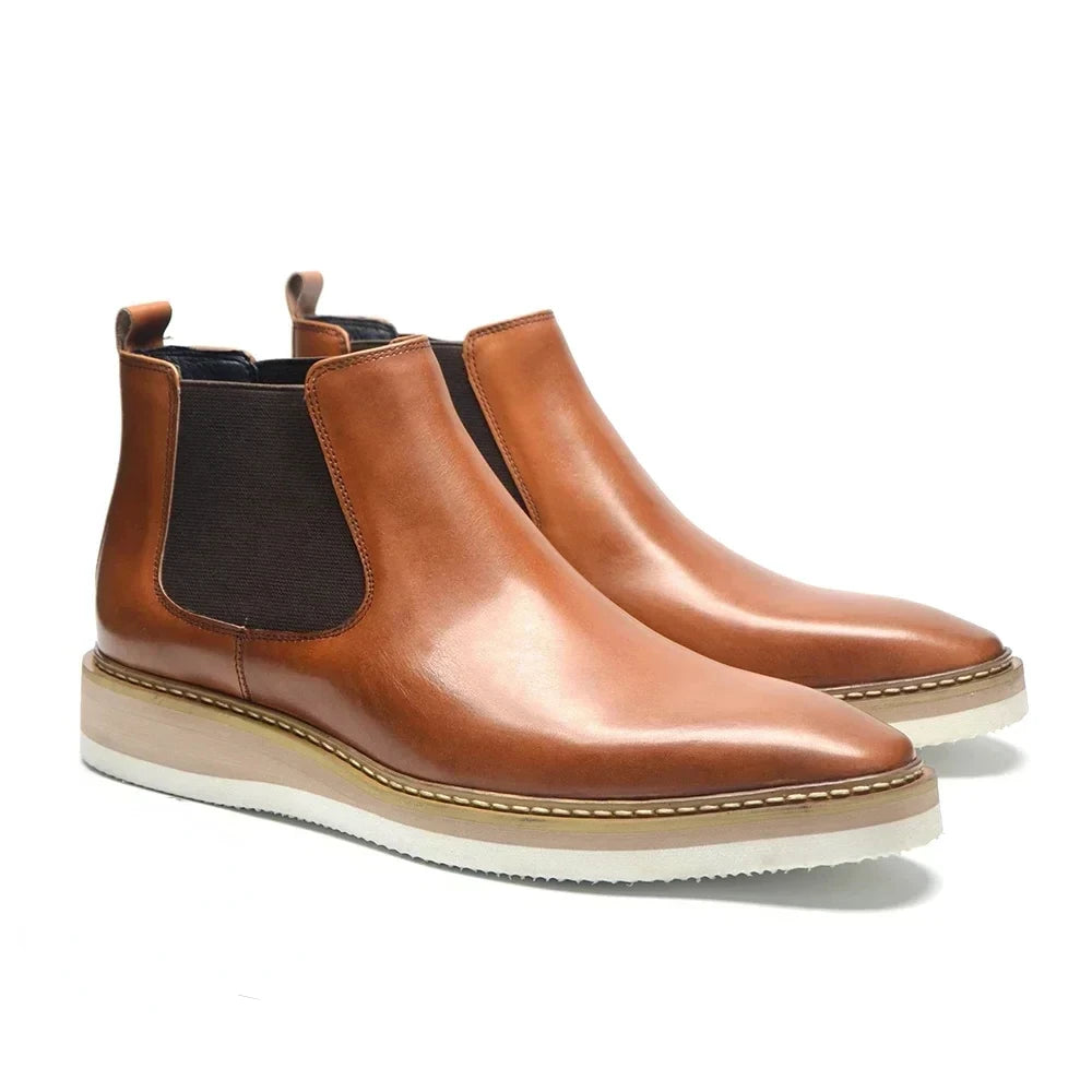British Style Cow Genuine Leather Men's Chelsea Ankle Boots Slip-on Elastic Band High Top Sneakers Casual Dress Boot for Men - Sun Studio