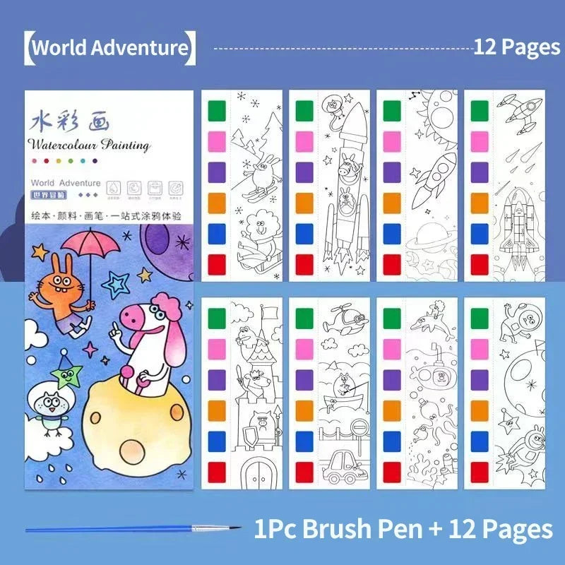 1PC Children's Watercolor Coloring Book Kids Adult Watercolour Coloring Paper With Water Paint Pens Girls Student Birthday Gift - Sun Studio