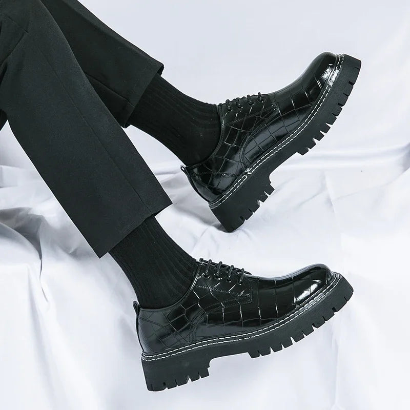 New Black Men Shoes Lace-up  Round Toe Stone Pattern Brown Gray Men Dress Shoes Size 38-46 - Sun Studio