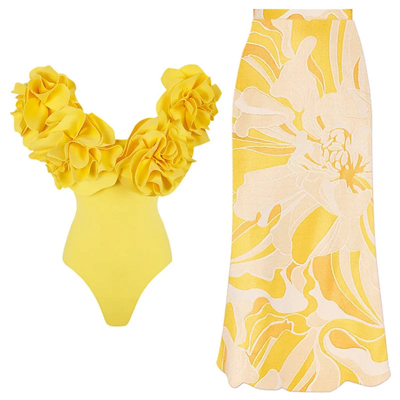 2024 Sexy Women's Swimsuit with Skirt One-Piece Swimwear Vintage Ruffle V Neck Cover Up Bikinis Set Beachwear Bathing Suit - Sun Studio