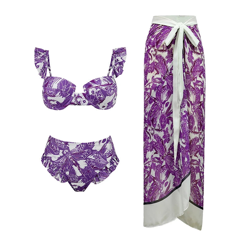 2024 Sexy Damen Badeanzug mit Rock Einteiler Badebekleidung Vintage Rüsche V-Ausschnitt Cover Up Bikinis Set Strandmode Badeanzug