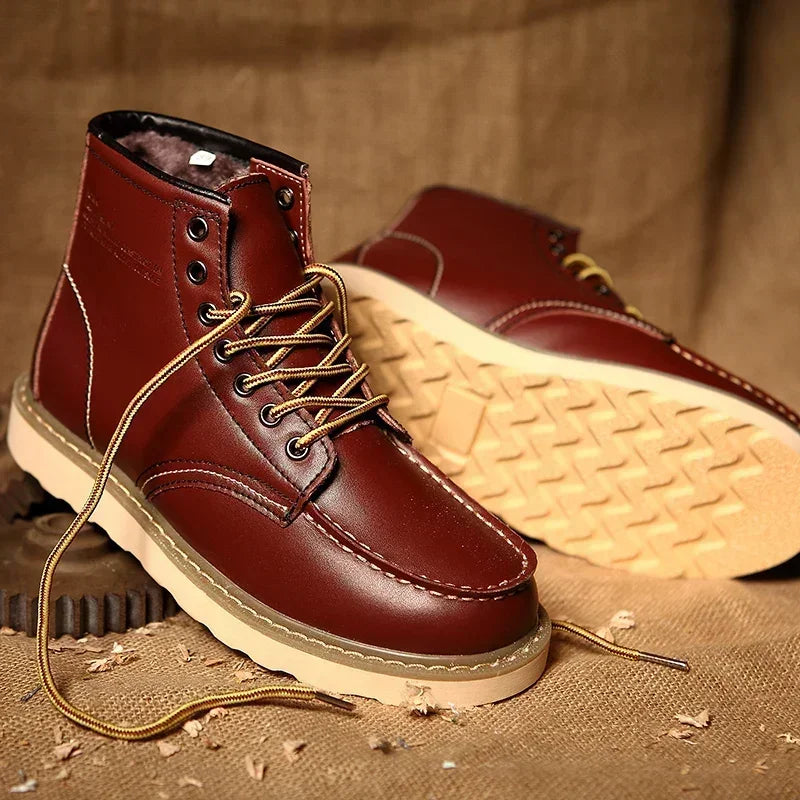 Winter Leather Men Boots Warm Mens Snow Boots with Fur Waterproof Handmade Male Ankle Boots No-slip High Top Male Work Shoes - Sun Studio